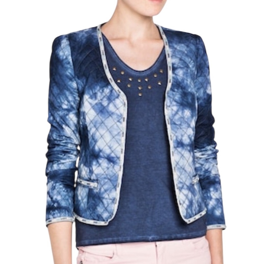 Mango MNG Blue & White Tie Dye Quilted Beaded Cropped Lady Jacket Blazer - M